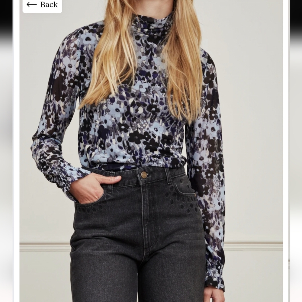 Floral-Print Turtleneck Long-Sleeve Top in Black & Blue PTP 20-22 ''